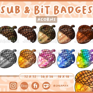 Könnte beinhalten: Ein Set aus neun eichelförmigen Abzeichen in verschiedenen Farben und Größen. Die Abzeichen sind im Cartoon-Stil gestaltet und weisen verschiedene Texturen auf, darunter Holz, Glitzer und Regenbogen. Die Abzeichen sind mit ihren Abmessungen in Zoll gekennzeichnet: 72 x 72, 36 x 36 und 18 x 18. Der Text "SUB & BIT BADGES" und "ACORNS" wird oben im Bild angezeigt.