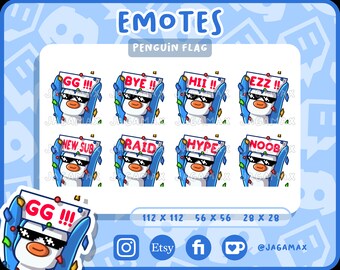 8x Twitch Emote / Cute Penguin Emoji Pack Flag (Bye, Ez, GG, Hi, Hype, New Sub, Noob, Raid) / For streamer / Discord / Blue