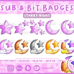 10x Twitch Sub / Bit Badges - Kawaii Starry Night / Star / Moon / Sub badges For streamer / Discord / Purple / Gold / Crystal / Rainbow