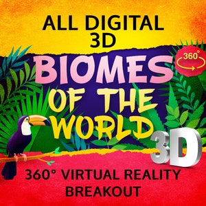 Puede incluir: Gráfico vibrante con el texto "ALL DIGITAL 3D BIOMES OF THE WORLD" y "360° VIRTUAL REALITY BREAKOUT." Un tucán posa en una rama, rodeado de follaje tropical. El diseño presenta un efecto 3D.