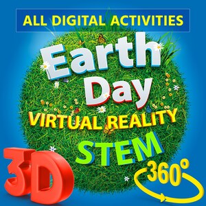 Puede incluir: Un gráfico vibrante para el Día de la Tierra, con una esfera de hierba verde y las palabras "Earth Day" en letras blancas grandes. La imagen incluye el texto "All Digital Activities", "Virtual Reality", "STEM", "3D" y "360°".