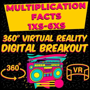 Könnte beinhalten: Ein farbenfrohes Grafikdesign mit dem Text "MULTIPLICATION FACTS 1XS-6XS" auf gelbem Hintergrund. Darunter steht "360° VIRTUAL REALITY DIGITAL BREAKOUT". Eine Retro-Boombox und ein VR-Headset sind ebenfalls abgebildet, alles auf schwarzem Hintergrund.