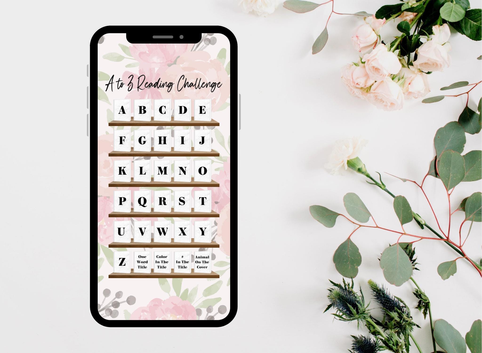 ABC | A to Z Reading Challenge | INSTANT DOWNLOAD | Editable | Bookshelf Tracker | Social Media Tracker | Booktok | Phone | PP01