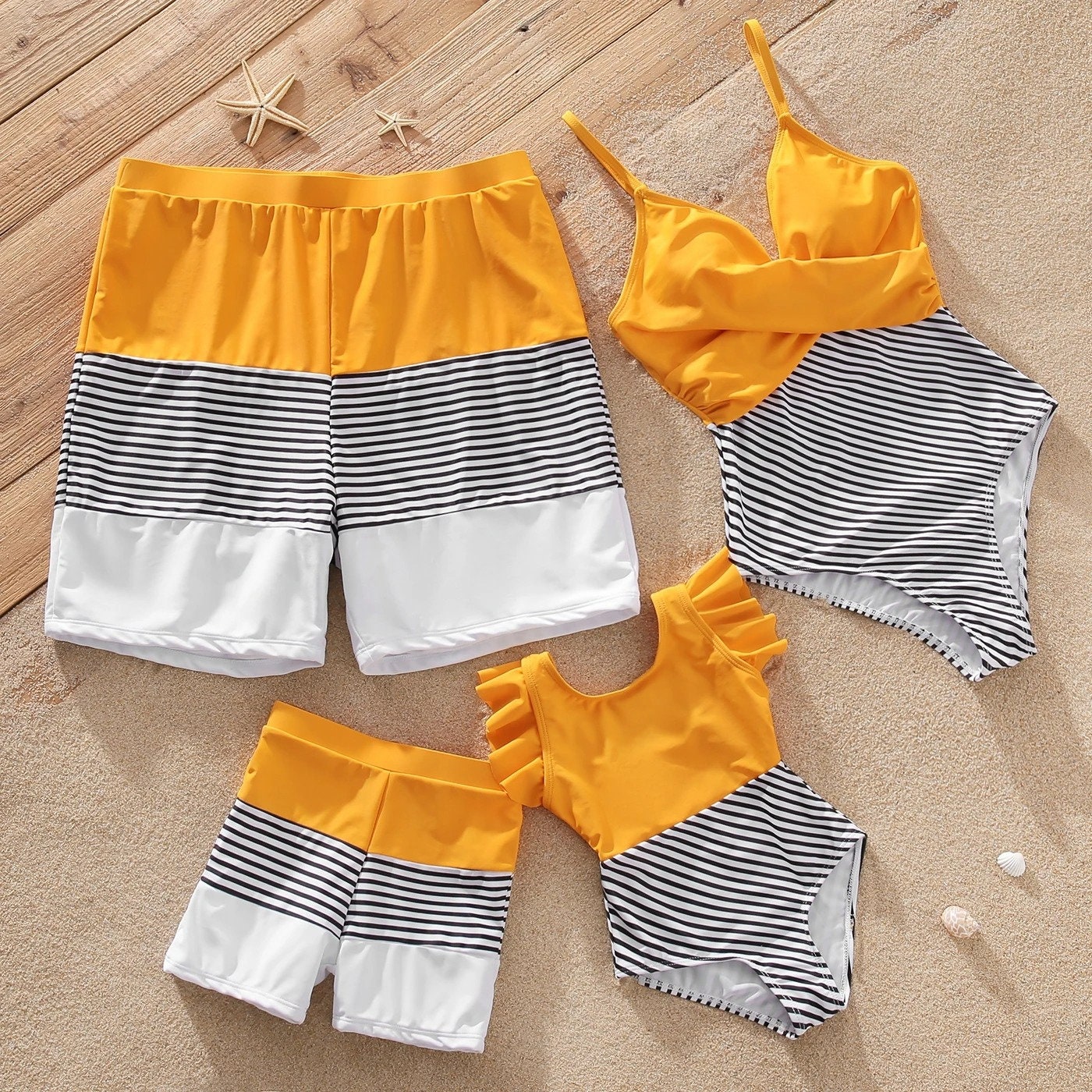 Family Matching All Over Tropical Plants Print Splicing Spaghetti Strap One-Piece Swimsuit and Swim Trunks Shorts