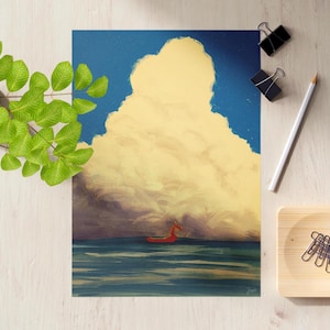 May include: A painting of a red boat with a dragon head on the bow, sailing on a blue sea under a large, yellow cloud.