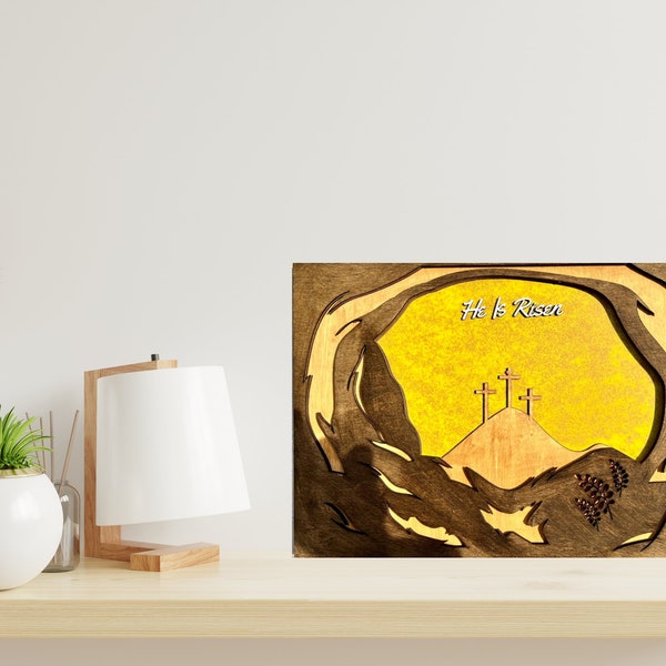 He Is Risen, file svg, dxf, ai, cdr, laser cut file, Jesus, download digitale, Easter, Christian.