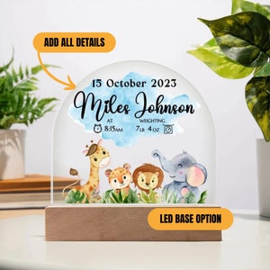 Personalised Safari Animals Baby Birth Announcement Gift | Birth and Weight Details, New Baby Keepsake Gift |  LED Base Option Available