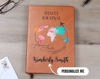 Custom Name Travel Journal Gift For Her | Personalized Vegan Leather Travel Adventure Notebook With World Map Design |  Birthday Gift