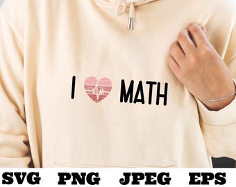Può includere: Una felpa con cappuccio color crema con la scritta "I ♥ MATH" stampata sul davanti. Il cuore ha un motivo EKG rosa e bianco.