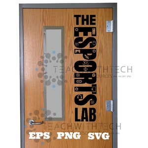 May include: A black and white door sign that reads "The Esports Lab" with various video game controller icons.