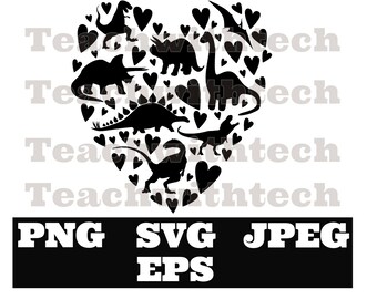 Dinosaur Heart Valentine's Day PNG Black White, Dinosaur Love Png, Valentines Png, SVG, EPS,  Download, Sublimation Design vday png