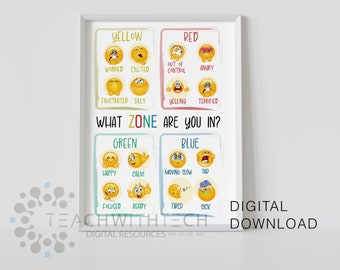 Zones of regulation Digital Download, Feelings poster, Emotions chart calm corner Mental health poster School Counselor Therapy office decor