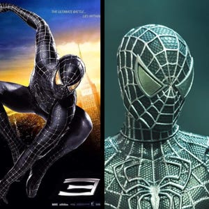 May include: A split image featuring a black-suited Spider-Man in a dynamic pose against a city skyline with the text THE ULTIMATE BATTLE... LIES WITHIN and a large number 3, alongside a detailed close-up of the black textured mask and chest emblem.