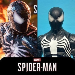 May include: A black action figure of the character Spider-Man featuring a white spider emblem on the chest and white eye lenses. The figure is displayed alongside a promotional image of the same character. The text MARVEL SPIDER-MAN is visible.