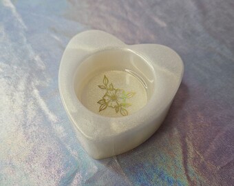 White heart candle holder with gold highlights and holographic floral design