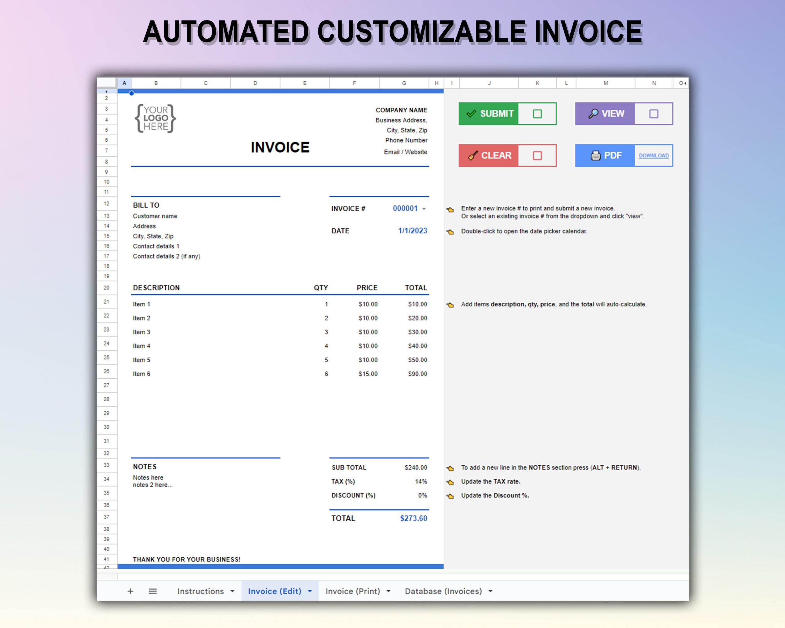 Google Sheets Invoice Template Automated Invoice Spreadsheet Google Sheets Invoice Template Automated Invoice Spreadsheet