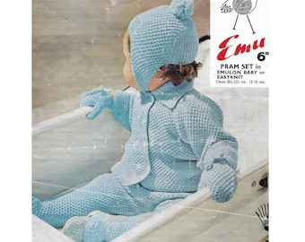 May include: A blue knitted baby pram set with a hat, jacket, and booties. The set is made for a baby with a chest size of 20-22 inches and weighs 12-16 ounces. The pattern is called "Emu 6°" and is made with Emulon Baby or Easyknit yarn.