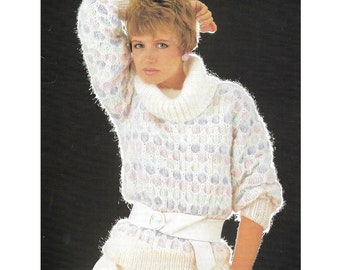 Vintage Knitting pattern Ladies Honeycomb Lacy Sweater roll neck Jumper Chunky Knit 34-41 inches, 3 sizes (PDF Download)