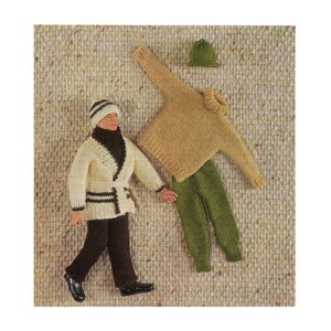 May include: A knitted doll outfit with a brown and white striped hat, a cream cardigan with brown stripes, a brown turtleneck, brown trousers, a tan sweater, and green trousers.