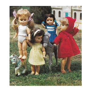 May include: Four dolls playing together outdoors. One doll is wearing a red coat with a hood, another is wearing a blue and white striped dress, another is wearing a yellow dress, and the last doll is wearing a white tank top and white underwear. Two of the dolls are riding toy horses.