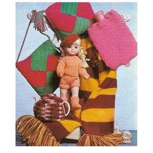 Vintage Knitting pattern bazaar items, bag, scarf, tea cosy, cushion, hot water bottle cover, doll clothes, double knit (PDF Download)