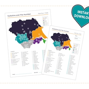 Puede incluir: Dos impresiones de un mapa de Yorkshire y The Humber, con regiones coloreadas y listados de ubicaciones. Los mapas están etiquetados como "Park Run / Walk" e incluyen el texto "Instant Download" en un corazón turquesa.