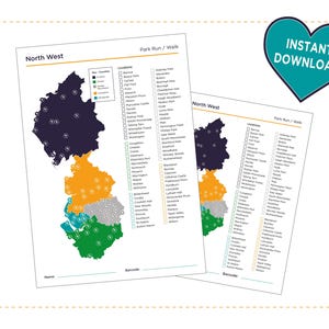 Könnte beinhalten: Eine Karte der Nordwestregion Englands, die die Standorte verschiedener Parkläufe und Spaziergänge zeigt. Die Karte ist in verschiedene farbige Regionen unterteilt, die jeweils einen anderen Bezirk repräsentieren. Die Karte wird von einer Liste von Standorten begleitet, wobei jeder Standort auf der Karte mit einem kleinen Kreis markiert ist.