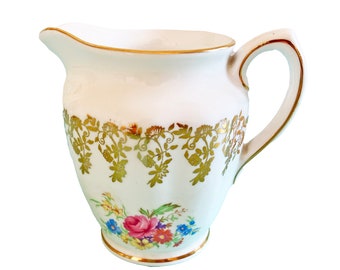 Clare Half Pint Milk Jug. Floral 22K Gold Floral Filigree on Crisp White. Gold Rim with Colourful Bouquet. Very Good Condition from 1950s