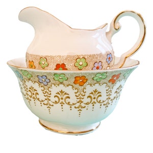 Toskanische Pflanze Zuckerdose und Milchkännchen Mit Handgemalten Blumen, Transfer und Gold Aus den 1930er Jahren