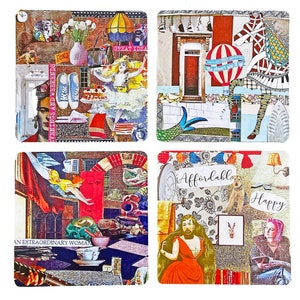 Set of 4 Coasters From Original Copyrighted Collage Art. Recycled Wood Base.