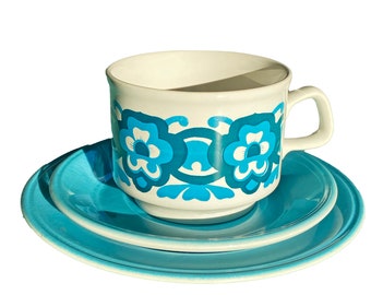 Staffordshire Potteries Flower Power Design Retro 1970s Tea/Coffee Cup, Saucer and Plate Trios.  Hard to Find.