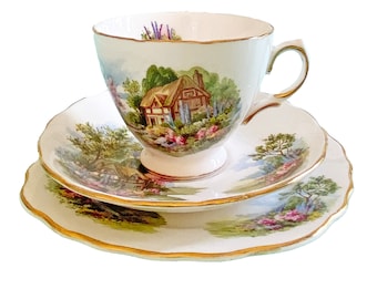 Royal Vale Bone China Teacup, Saucer and Plate (5 sets) Milk Jug, Sugar Bowl, Cake Plate. Immaculate. Bright Colours. 1960s. Hand Decorated.