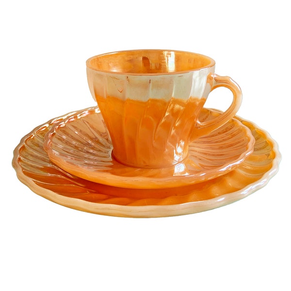 Popular Anchor Hocking Fire King Carnival Glass Peach Colour Suburbia Swirl Design Cup, Saucer and Plate Trios. Made in the USA in the 1950s