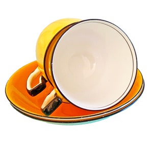 Adderley Ware Hand Decorated Bright Yellow Cups and Saucers - Set of 2 - From 1930s - 1940s