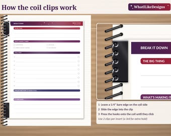 Thick snap in Coil Planner Clips 30 Pack | Snap-In Coil Connectors for Cardstock & Laminated Inserts | 4:1 Spiral Planner Accessory