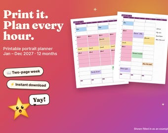 Portrait Printable PDF, Planner 2027, 12 Month, Hourly Time Blocking, Portrait Printable PDF