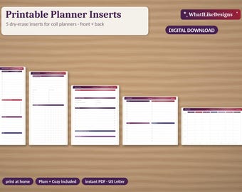 DIY Printable Dry Erase Planner Insert Bundle | 5 Coil Planner Inserts: Bookmark, Habits, Weekly Review, Call List, Extra Hours  Plum & Cozy