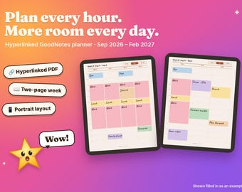 Hourly Time Blocking Planner, Hyperlinked GoodNotes PDF, Portrait Layout (2026-2027)