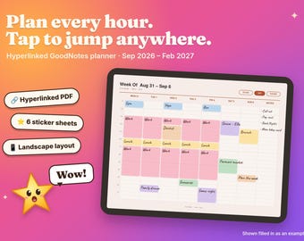 Time Blocking Digital Planner, Hourly GoodNotes PDF, 2026-2027 (Landscape)