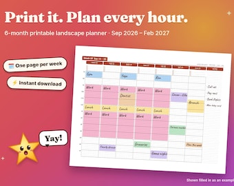 2026-27 6 Month Printable Time Blocking Planner, Hourly Weekly Layout (PDF Download) Landscape