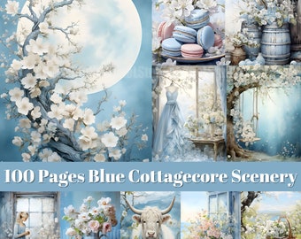 Cozy Blue Cottage Junk Journal - Vintage Cottagecore Scenery Journal Page, Cozy Blue Spring Ephemera, Spring Mixed Media, Scrapbook Paper