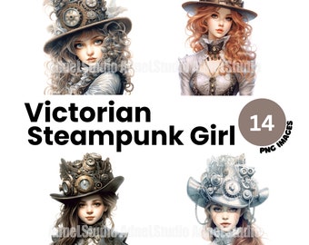 Watercolor Victorian Steampunk Girl Clipart - Steampunk Women Clipart, Steampunk Junk Journal, Paper Crafts Scrapbooking, Commercial Licence