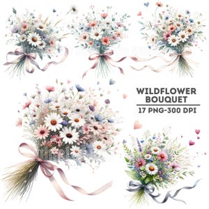 Aquarel wilde bloemen boeket clipart, bloemen png-afbeeldingen, rustieke bruiloft graphics, romantische afdrukbare bloemen, lint boeket ontwerp