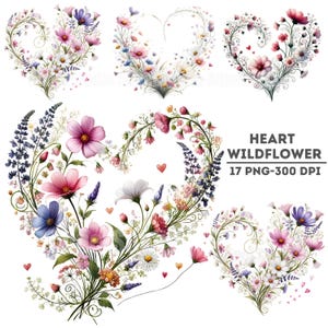 Aquarell Wildblumen Herz Clipart, PNG Blumengrafik, Romantische Hochzeit Kunst, Digital Download, Rustikale druckbare Blume, Herz Blumenstrauß PNG