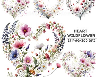 Watercolor Wildflower Heart Clipart, Floral PNG Graphics, Romantic Wedding Art, Digital Download, Rustic Printable Flower, Heart Bouquet PNG