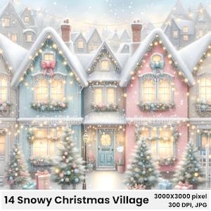 Verschneites Weihnachtsdorf Clipart Bundle, Gemütliche Winterhäuser mit Weihnachtslichtern, Festliche Weihnachtsstraßenszene, Charmante Feriendorfkunst