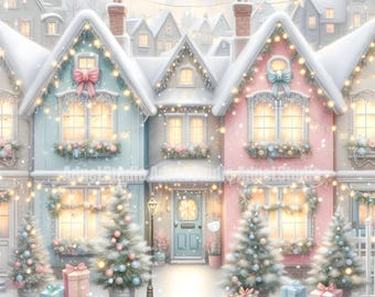 Snowy Christmas Village Clipart Bundle, Cozy Winter Houses with Holiday Lights, Festive Christmas Street Scene, Charming Holiday Village Art