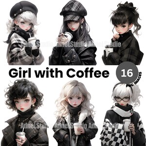 Chica con imágenes prediseñadas de café - Imágenes prediseñadas de chica de moda de invierno, imágenes prediseñadas de café con leche, chica acogedora tomando café, amante del café, pegatinas de chica anime