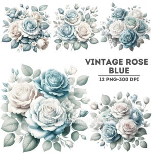 Vintage Blue Rose Clipart, Antique Floral Illustration, Soft Pastel ...