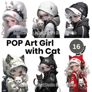 Watercolor Pop Art Girl with Cat Clipart, Cyberpunk Girl Clipart, HipHop Girl Clipart, Cat Girl Clipart, Fantasy Girl Art, Anime Stickers